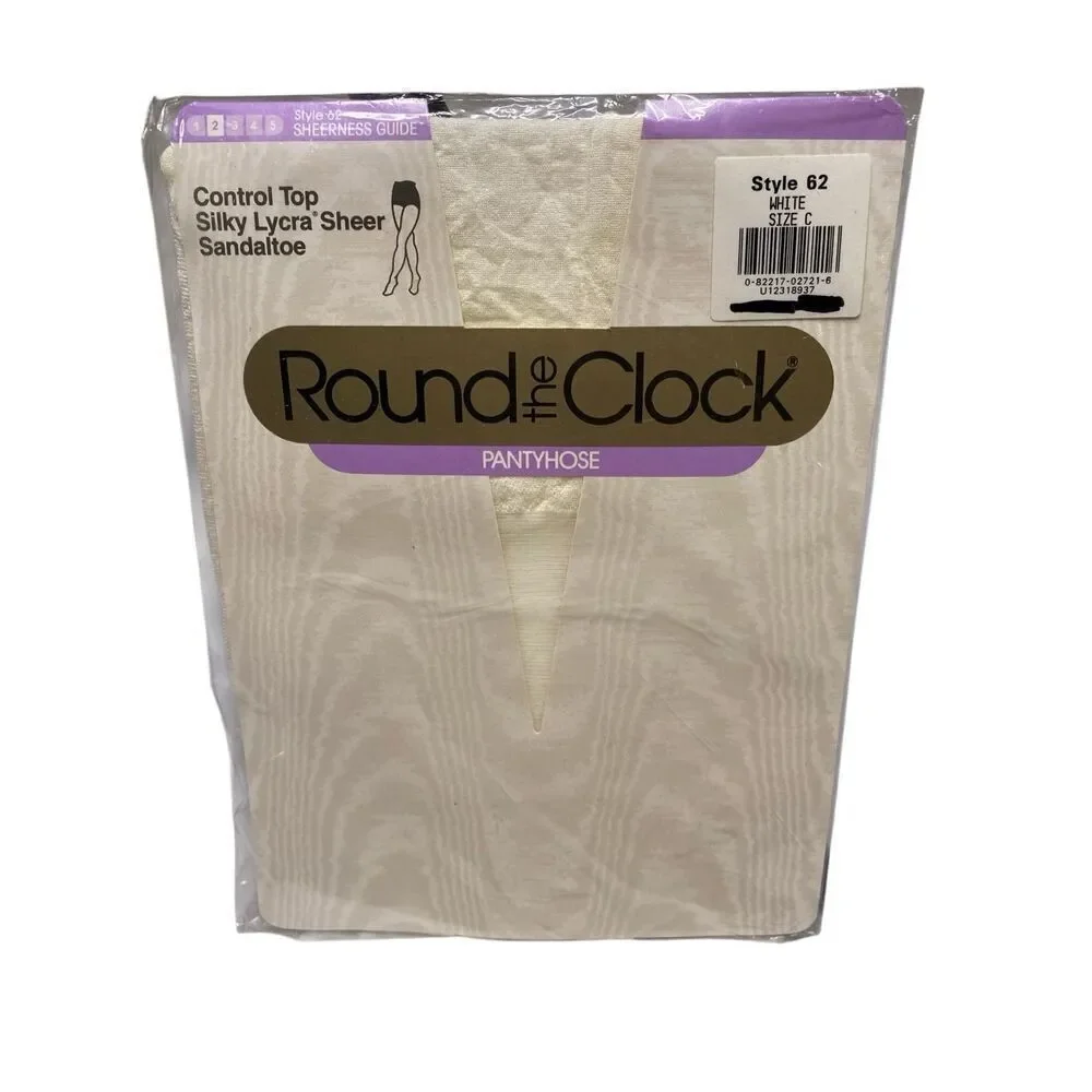 Round the Clock Silky Lycra Sheer Pantyhose White Size C Control Top Sandal Toe